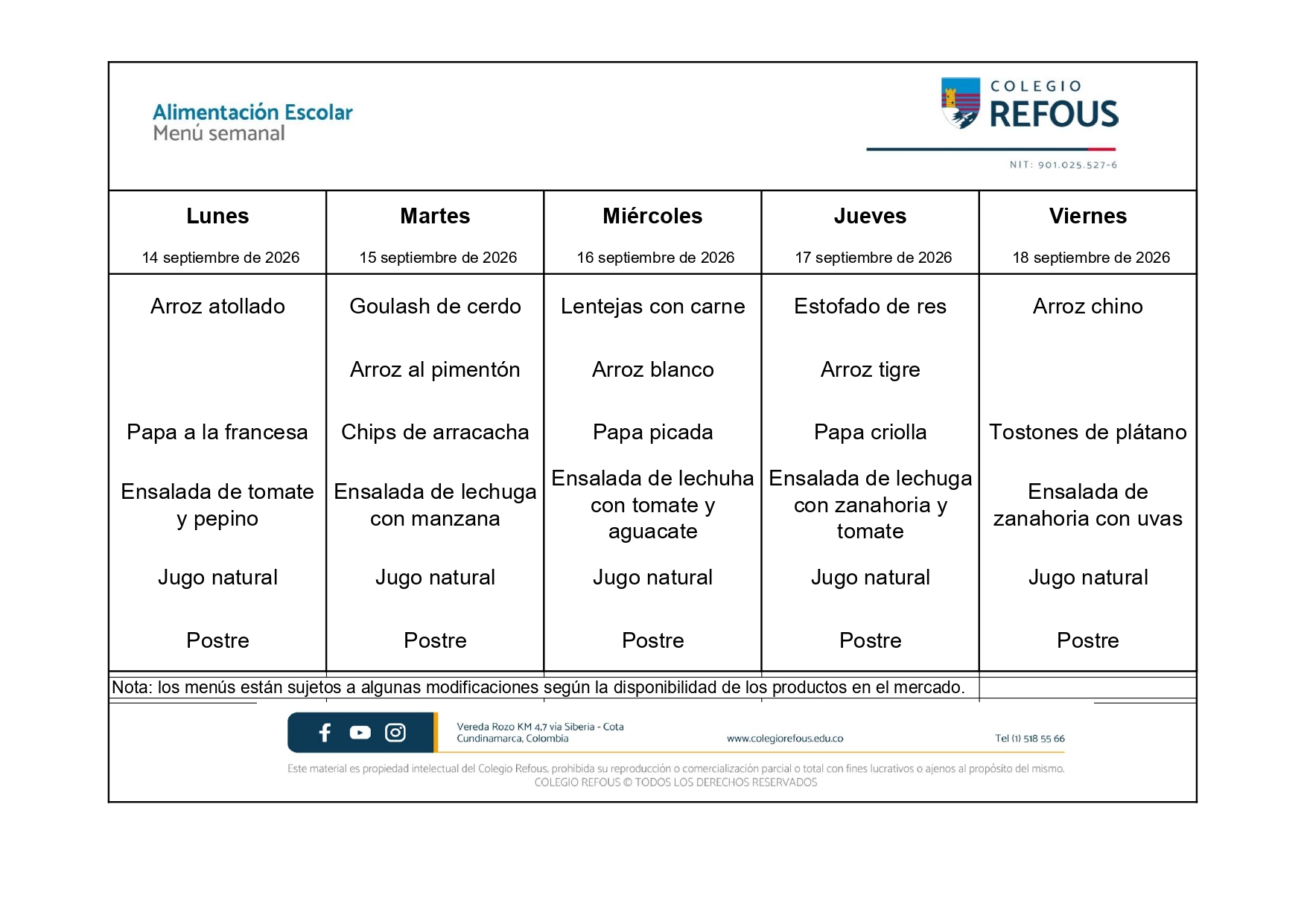 14 al 18 de septiembre de 2026 - Alimentación escolar