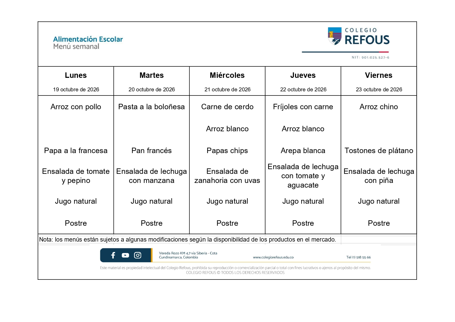 19 al 23 de octubre de 2026 - Alimentación escolar